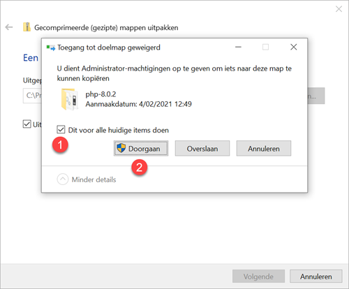 Uitpakken in Program Files Administrator machtigingen geven